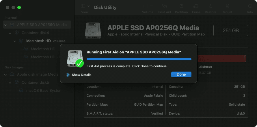 Running First Aid in Disk Utility.