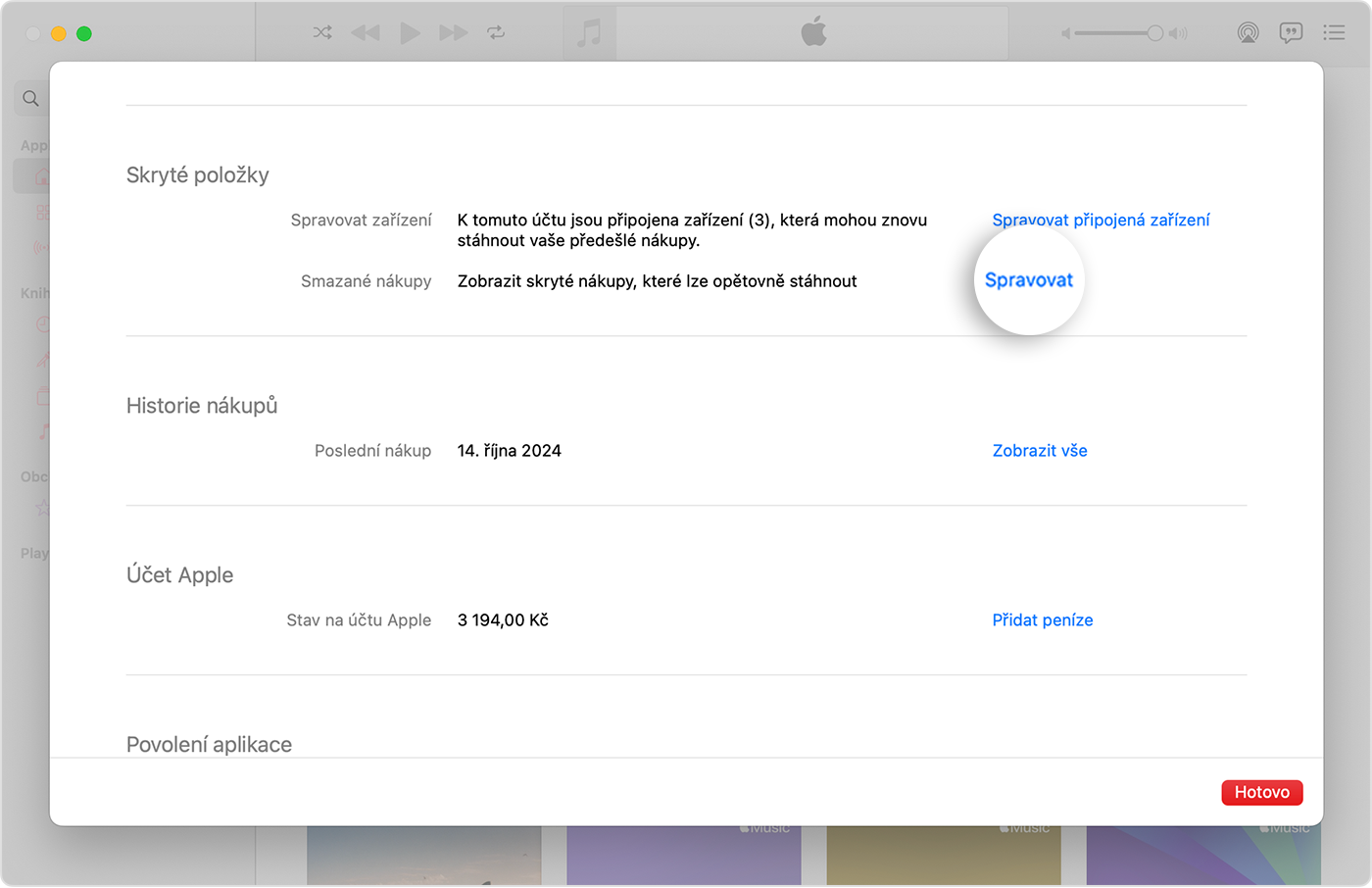 Obrazovka Nastavení účtu pro aplikaci Hudba na Macu. Na pravé straně je zobrazená přihrádka Skryté položky s tlačítkem Spravovat.