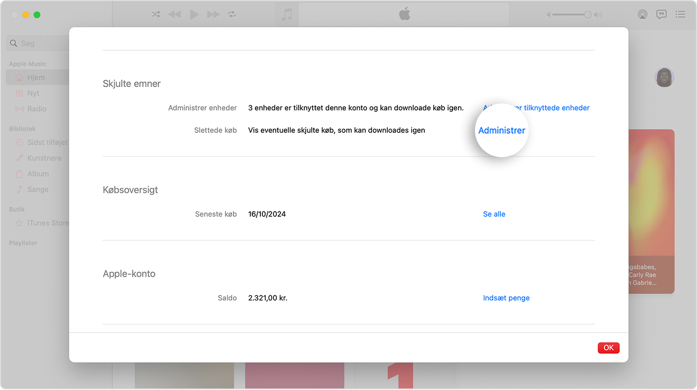 Skærmen Kontoindstillinger for appen Apple Music på Mac. I Skjulte emner vises knappen Administrer i højre side.