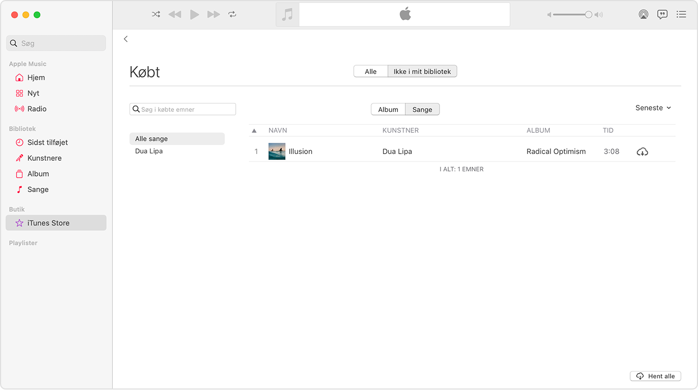 Appen Apple Music på Mac. iTunes Store er valgt i indholdsoversigten. I højre side vises en sang med et downloadsymbol.