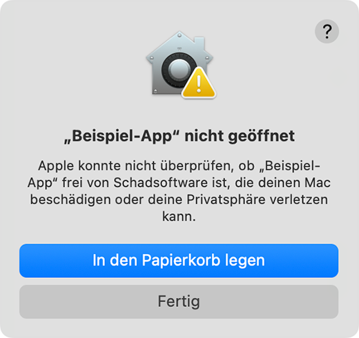 Eine Warnung, dass Apple nicht bestätigen kann, dass eine App frei von Malware ists.