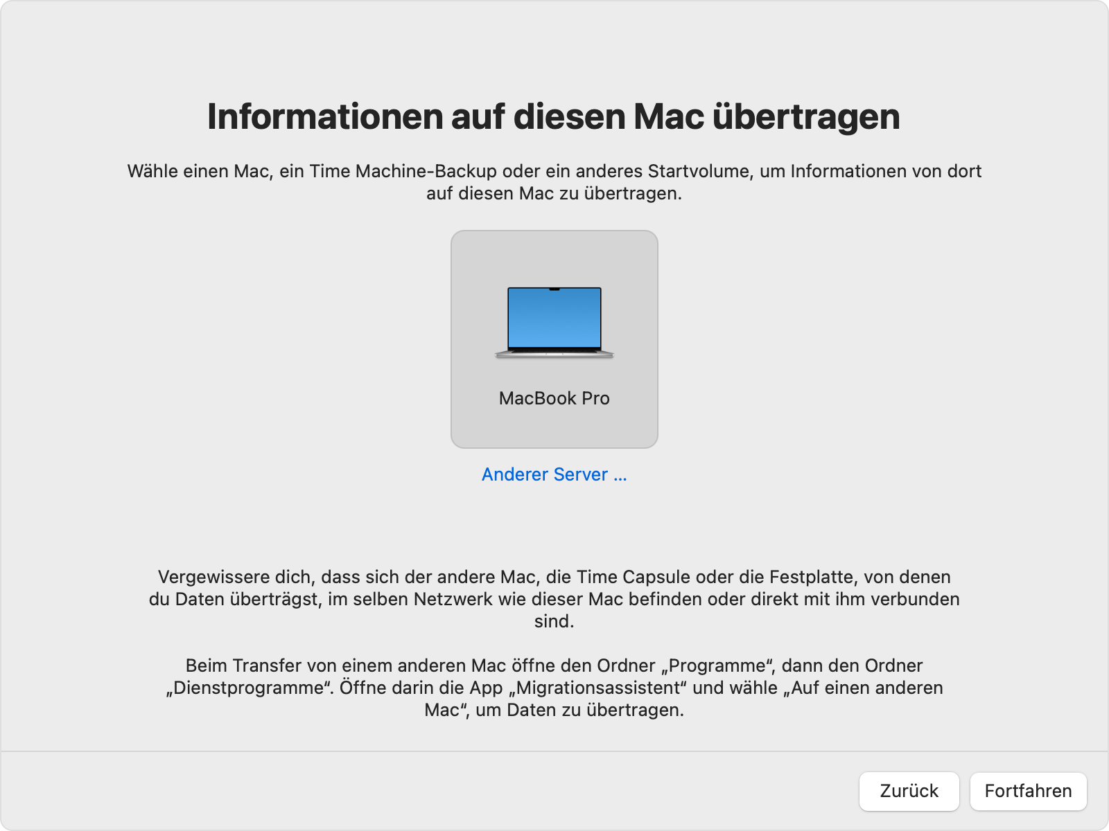 Der Migrationsassistent zeigt das ausgewählte Symbol des alten Mac an.