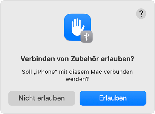 Das Zubehör fordert, eine Verbindung zu erlauben oder nicht zuzulassen.
