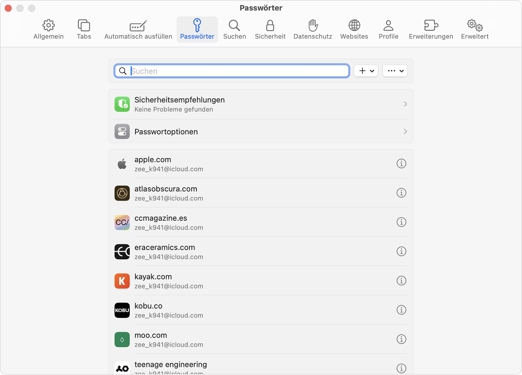 Auf deinem Mac mit macOS Sonoma oder älter kannst du gespeicherte Passwörter und Passkeys in den Safari-Einstellungen anzeigen.