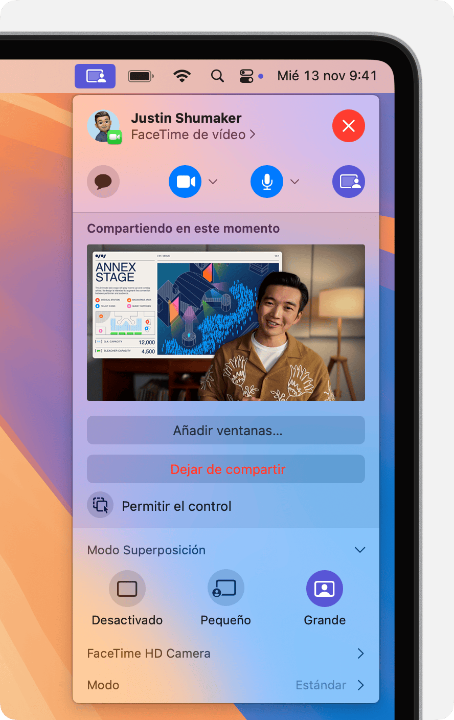El menú de uso compartido de pantalla, con la ventana de vista previa y los controles para el modo Superposición grande