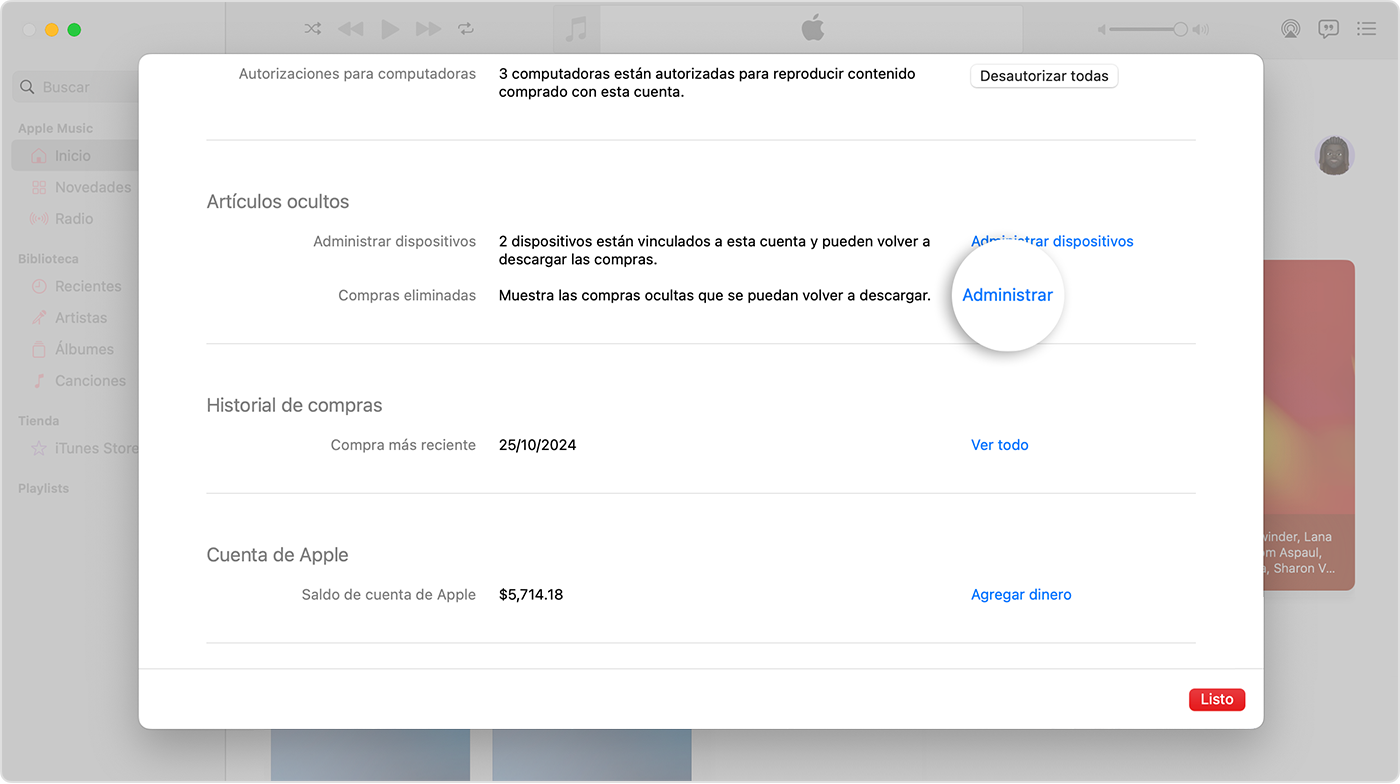 La pantalla Configuración de la cuenta de la app Apple Music en la Mac. La opción Elementos ocultos tiene un botón Administrar a la derecha.