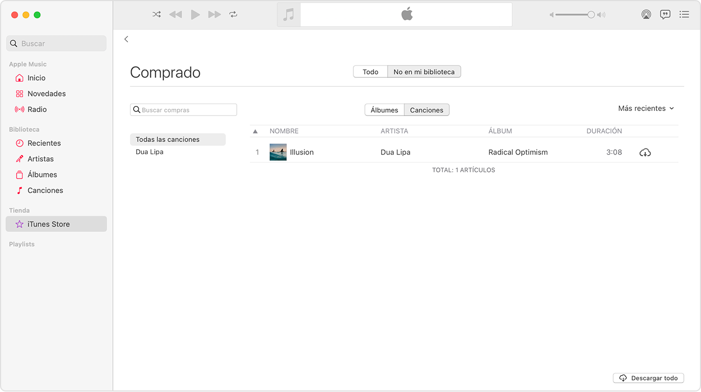 La app Apple Music en la Mac. iTunes Store está seleccionado en la barra lateral. En el lado derecho, hay una canción con un ícono de descarga.