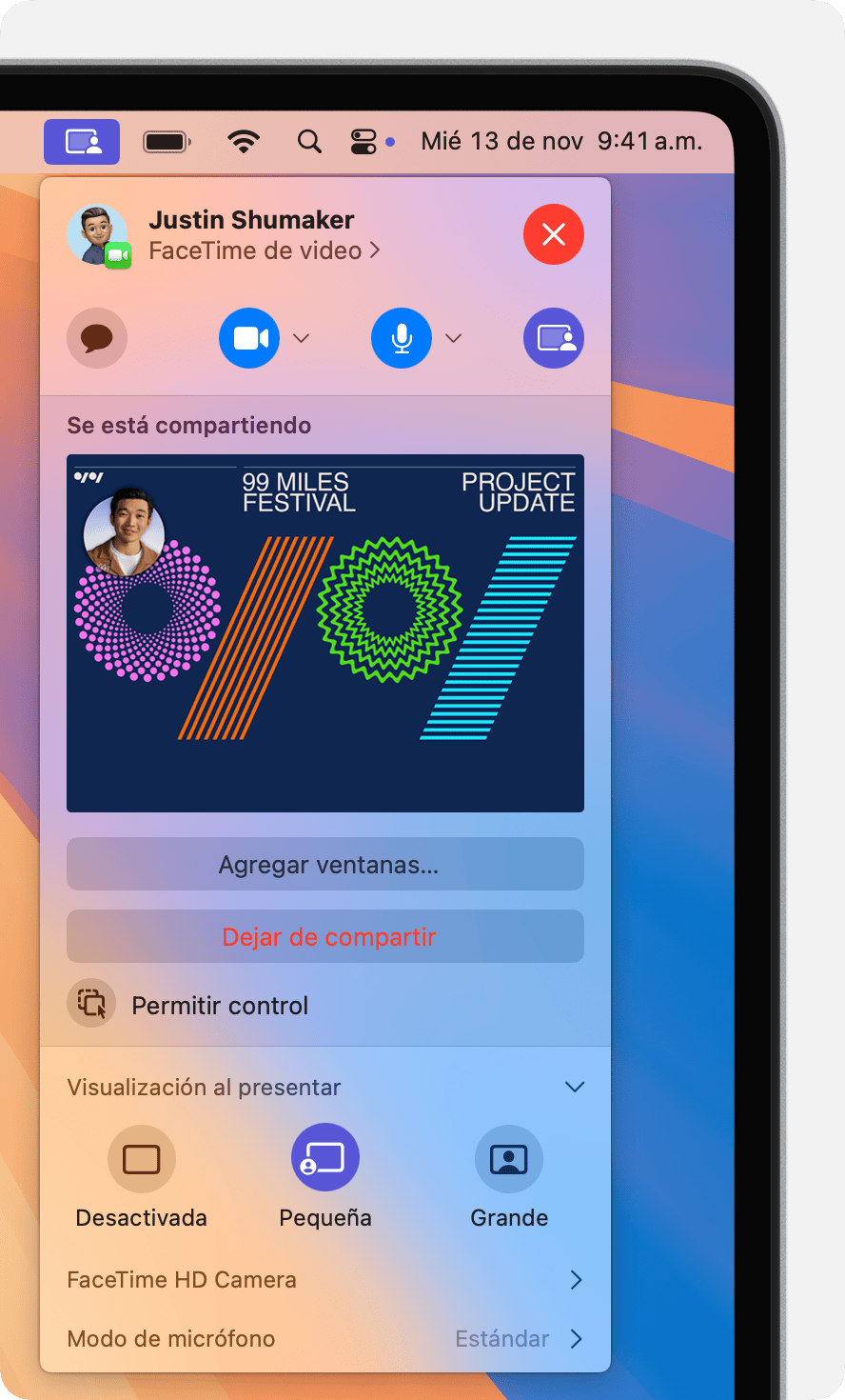 El menú de compartir pantalla, que muestra la ventana de vista previa y los controles de la superposición del presentador pequeña