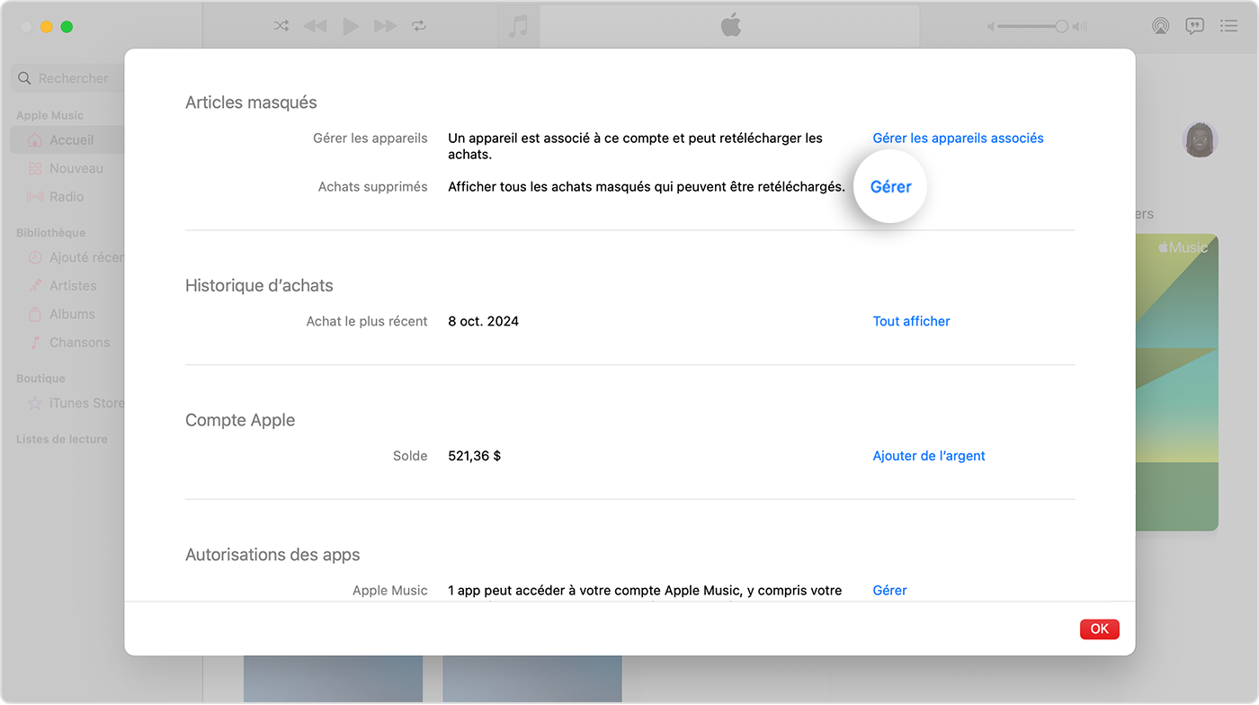 L’écran Réglages du compte de l’app Apple Music sur Mac. La section des articles masqués comporte un bouton Gérer à sa droite.