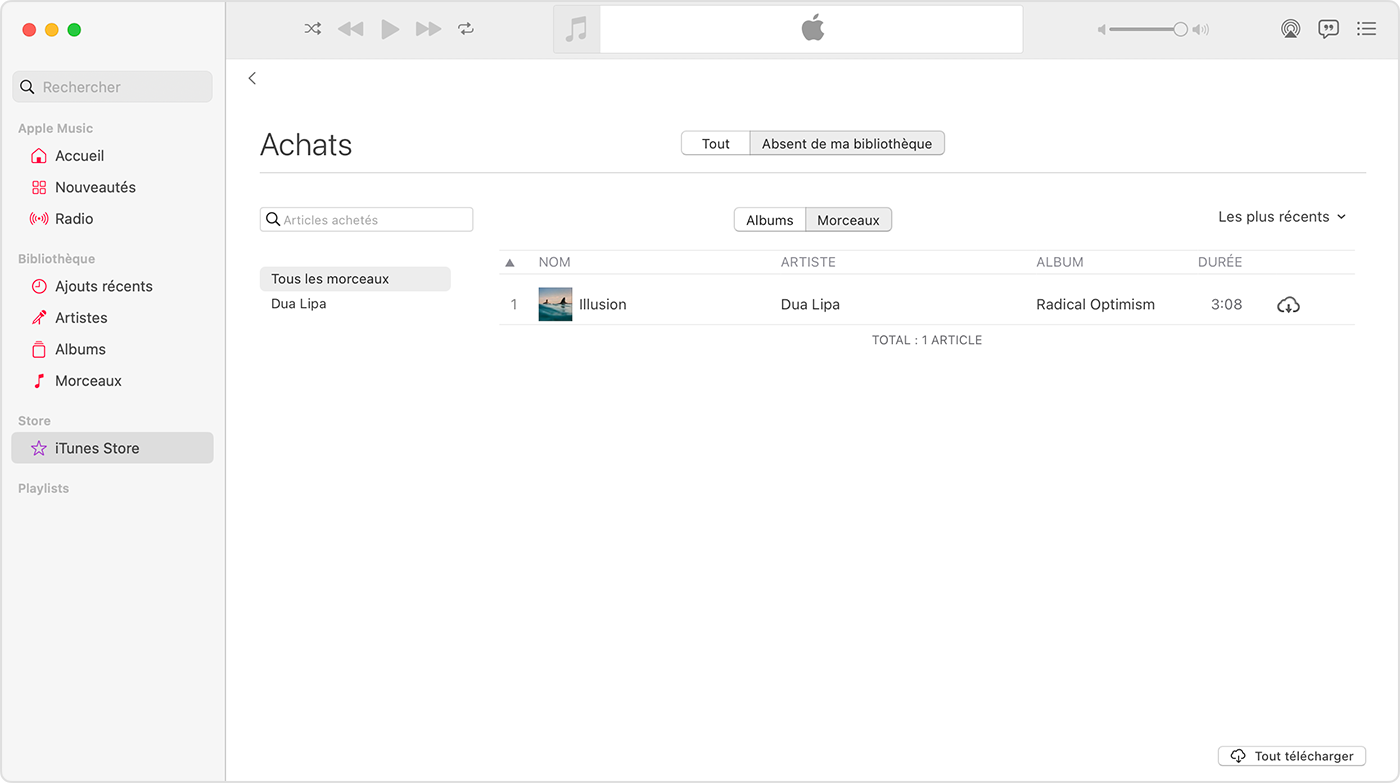 App Musique sur Mac. L’iTunes Store est sélectionné dans la barre latérale. Le côté droit affiche un morceau avec une icône de téléchargement.