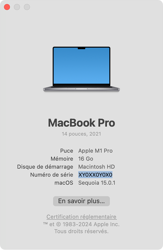 Fenêtre À propos de ce Mac avec le numéro de série mis en évidence