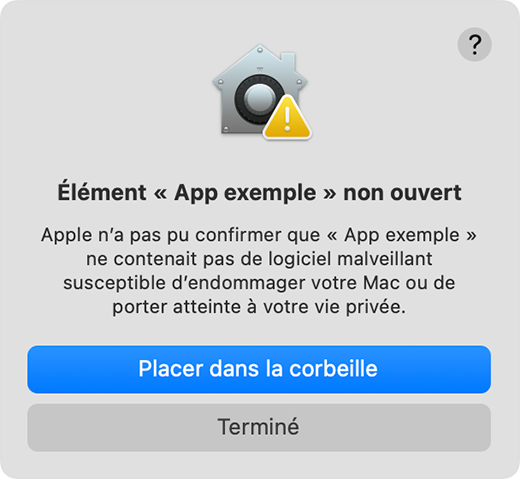 Alerte indiquant qu’Apple ne peut pas vérifier qu’une application est exempte de logiciels malveillants.