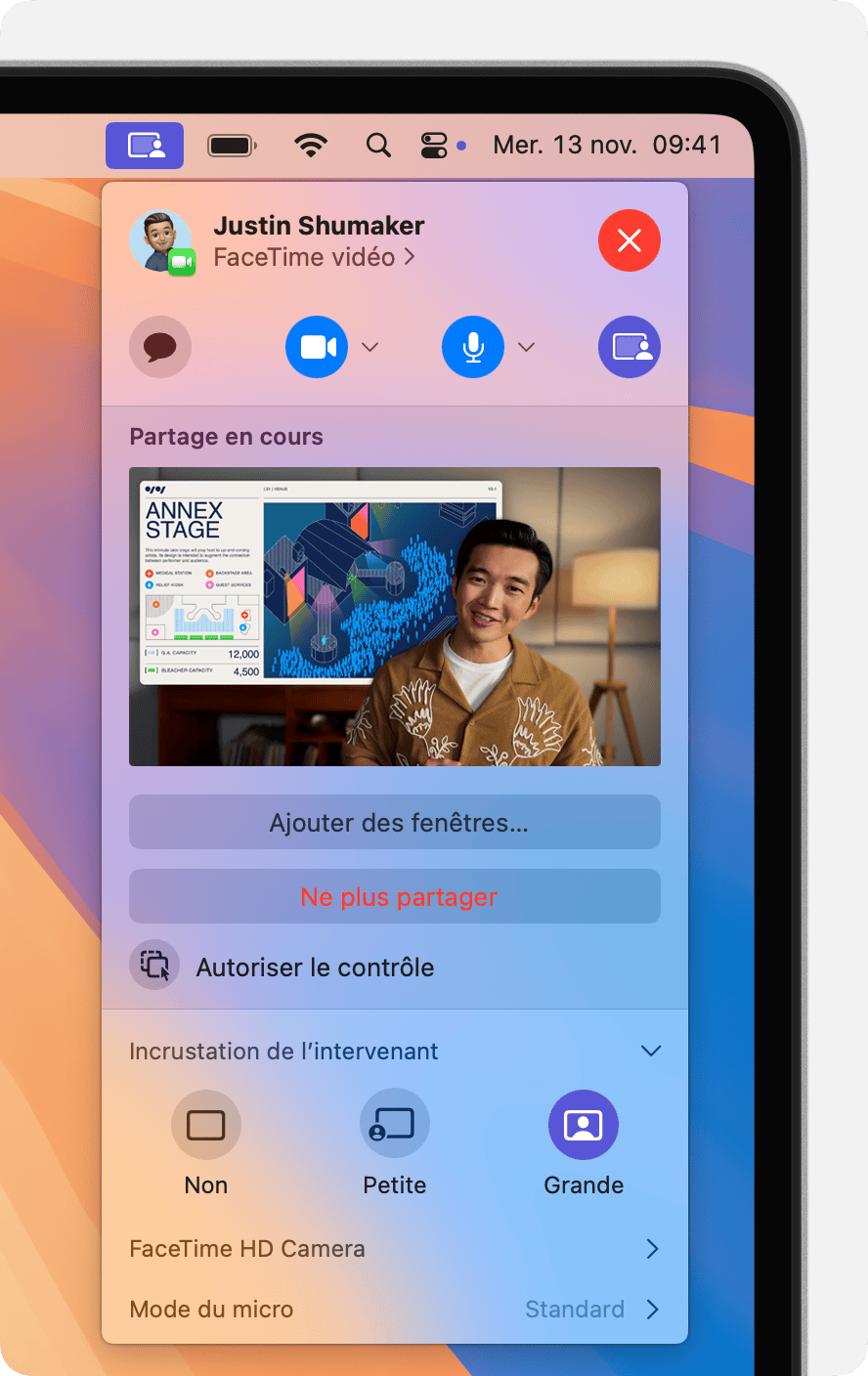 Le menu de partage d’écran affichant la fenêtre d’aperçu et les commandes de la grande incrustation de l’intervenant