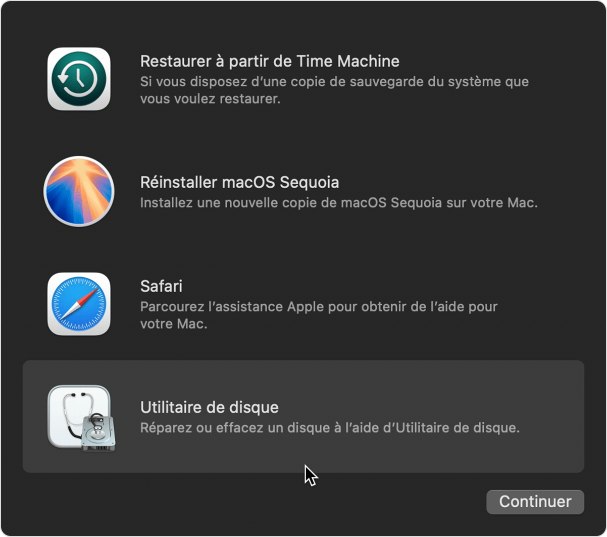 Fenêtre Utilitaires sous macOS Sequoia