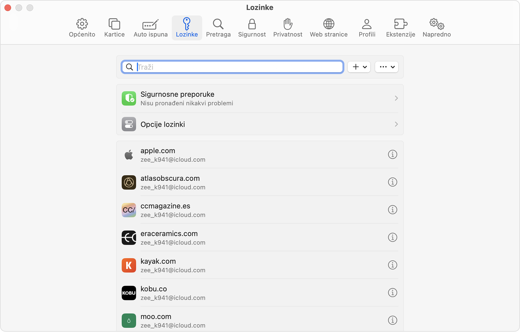 Na Mac računalu sa sustavom macOS Sonoma ili starijim sustavom možete pregledati spremljene lozinke i pristupne ključeve u postavkama preglednika Safari.