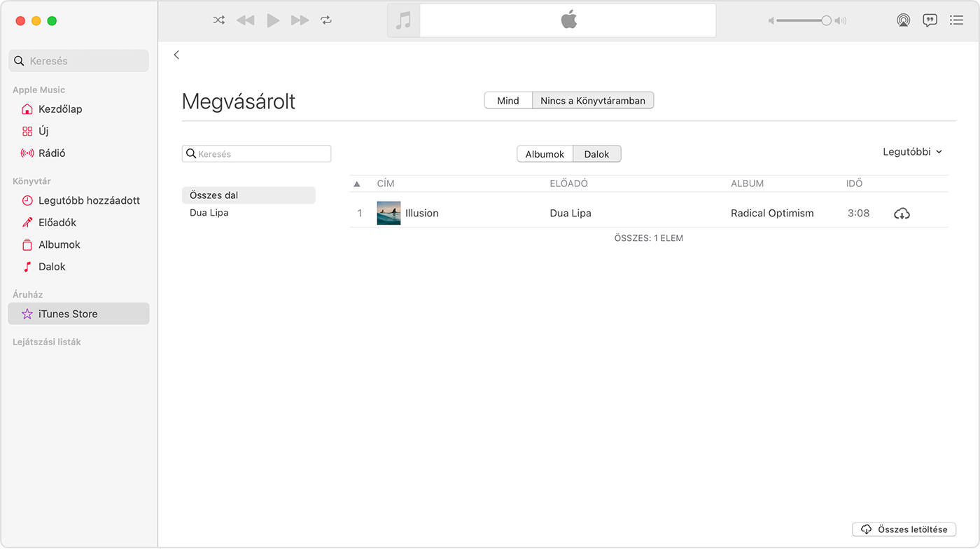 Az Apple Music app Macen. Az oldalsávon ki van választva az iTunes Store. Jobb oldalon található egy dal, amelynél a letöltési ikon látható.
