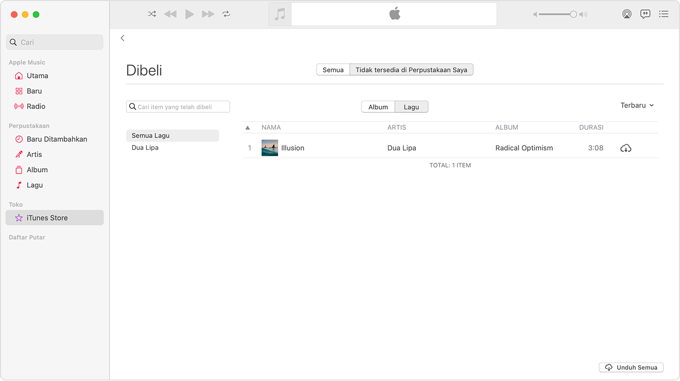 App Apple Music di Mac. iTunes Store dipilih di bar samping. Di sisi kanan, terdapat lagu yang disertai dengan ikon unduh.