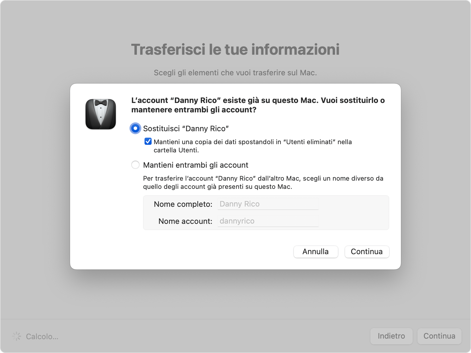 Assistente Migrazione che mostra le opzioni di sostituzione o mantenimento di un account esistente.