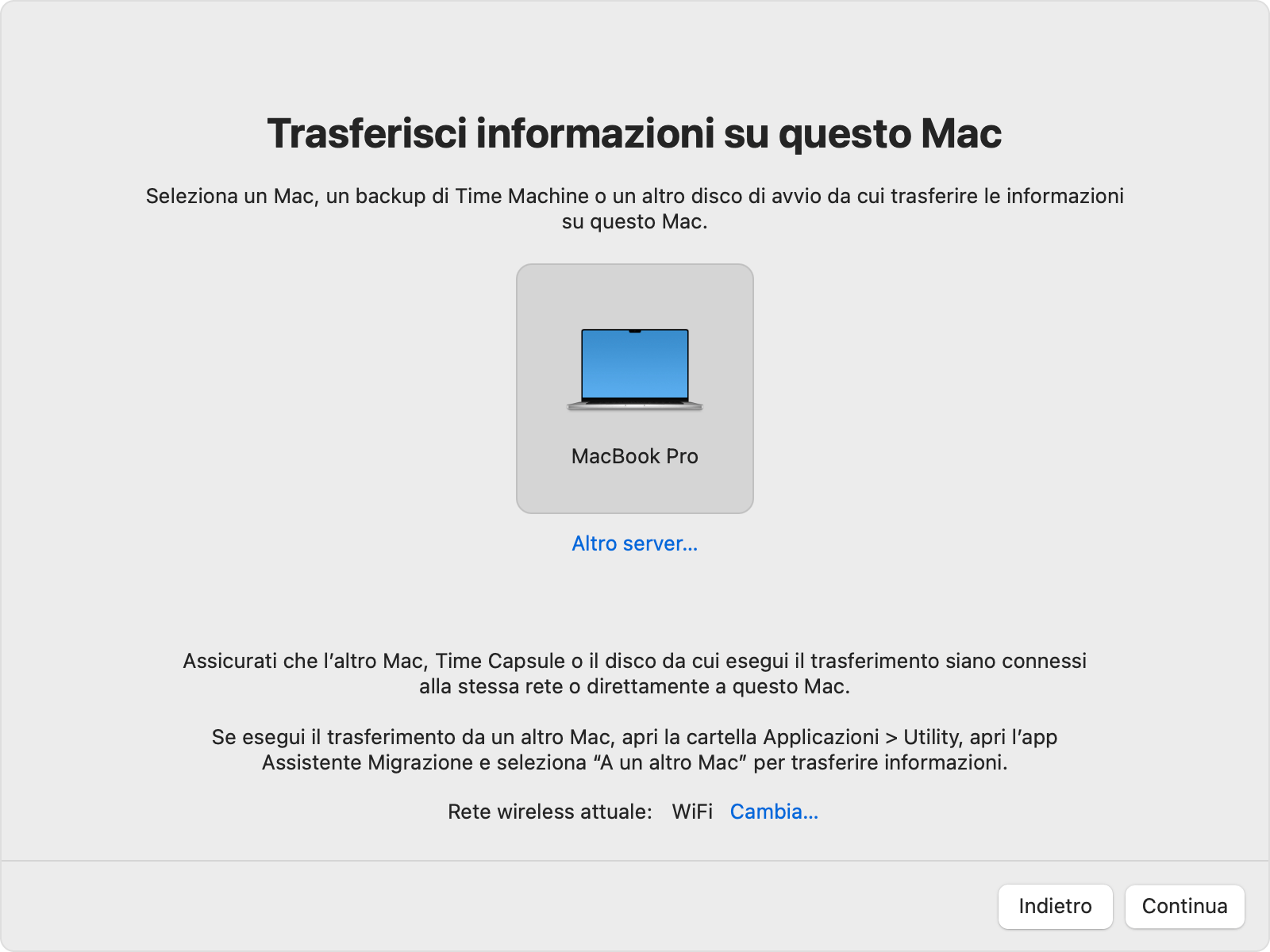 Assistente Migrazione che mostra l'icona del vecchio Mac selezionata.