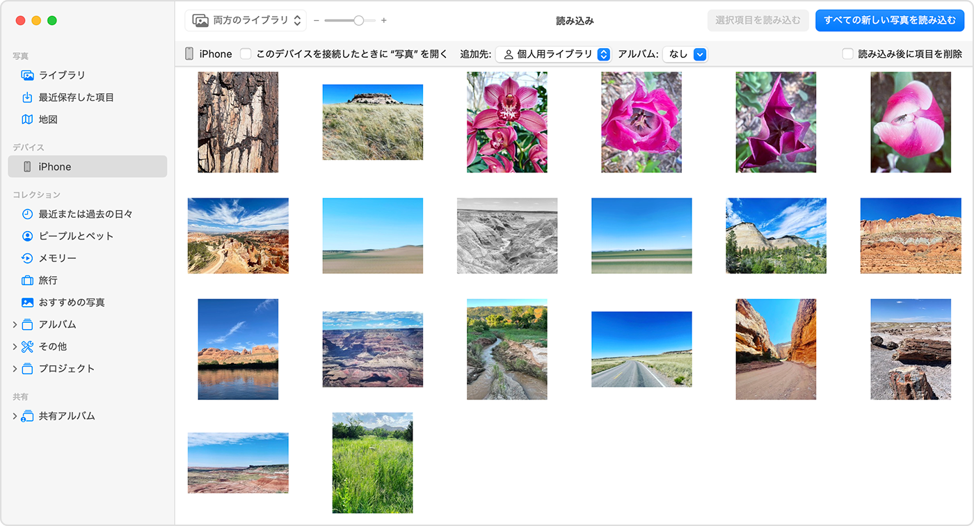 Mac の画面に読み込み対象の写真が表示されているところ