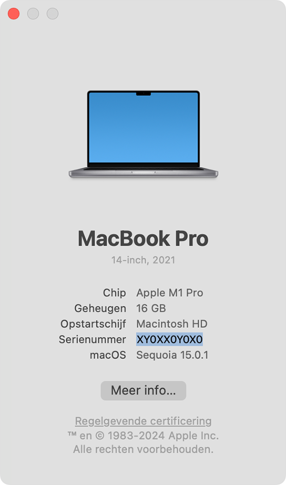 Het venster 'Over deze Mac' met het serienummer gemarkeerd