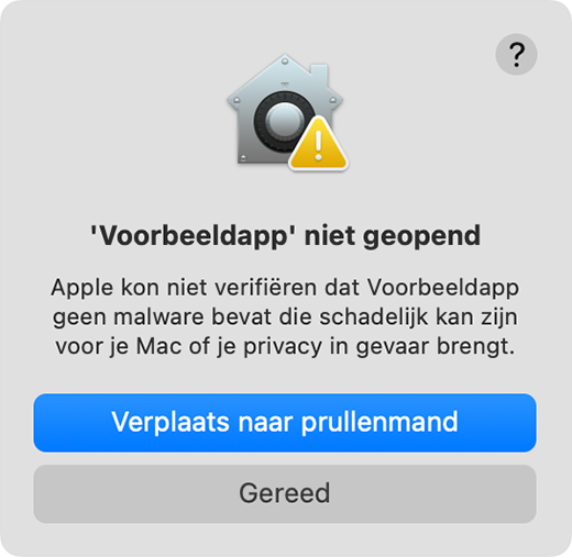 Een waarschuwing dat Apple niet kan verifiëren dat een app vrij is van malware.