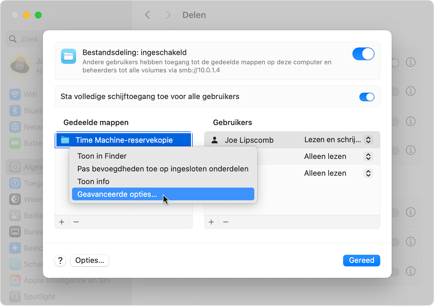 'Geavanceerde opties' kiezen in het snelkoppelingenmenu.