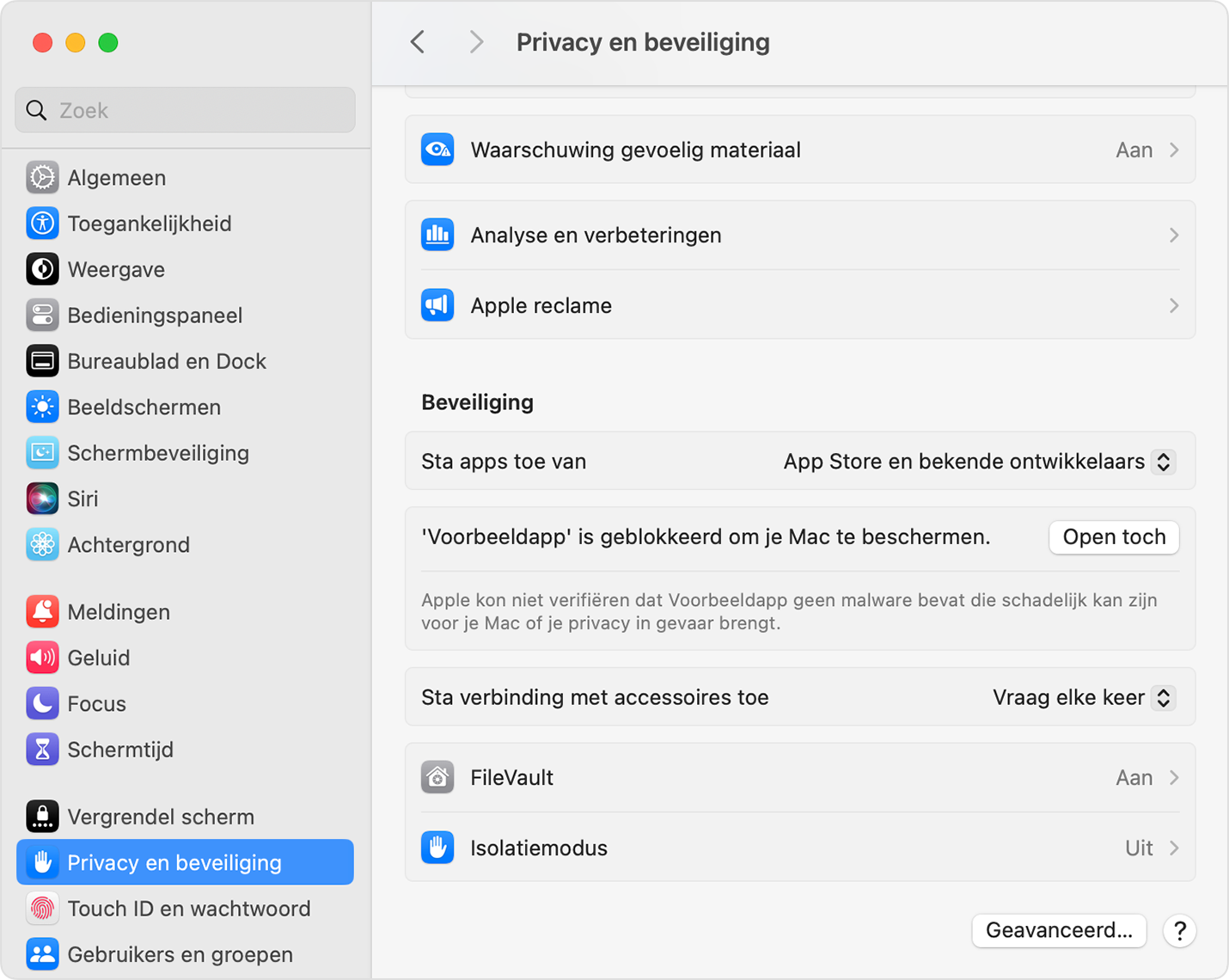 Kies in 'Systeeminstellingen' om een app te openen ondanks de beveiligingswaarschuwing als je zeker weet dat de app afkomstig is van een betrouwbare bron.