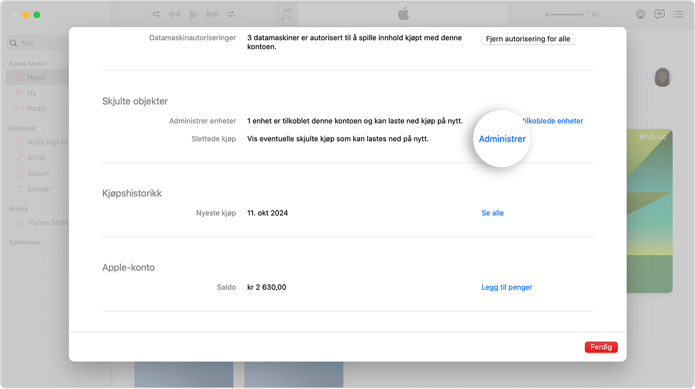 Kontoinnstillinger-skjermen for Apple Music-appen på Mac. Skjulte objekter-hyllen har en Administrer-knapp på høyre side.