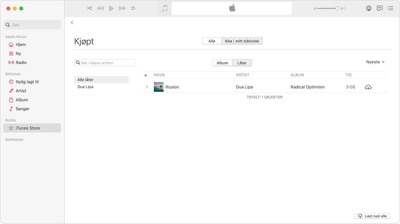 Apple Music-appen på Mac. iTunes Store er valgt i sidefeltet. Den høyre siden har en sang med et nedlastingssymbol.