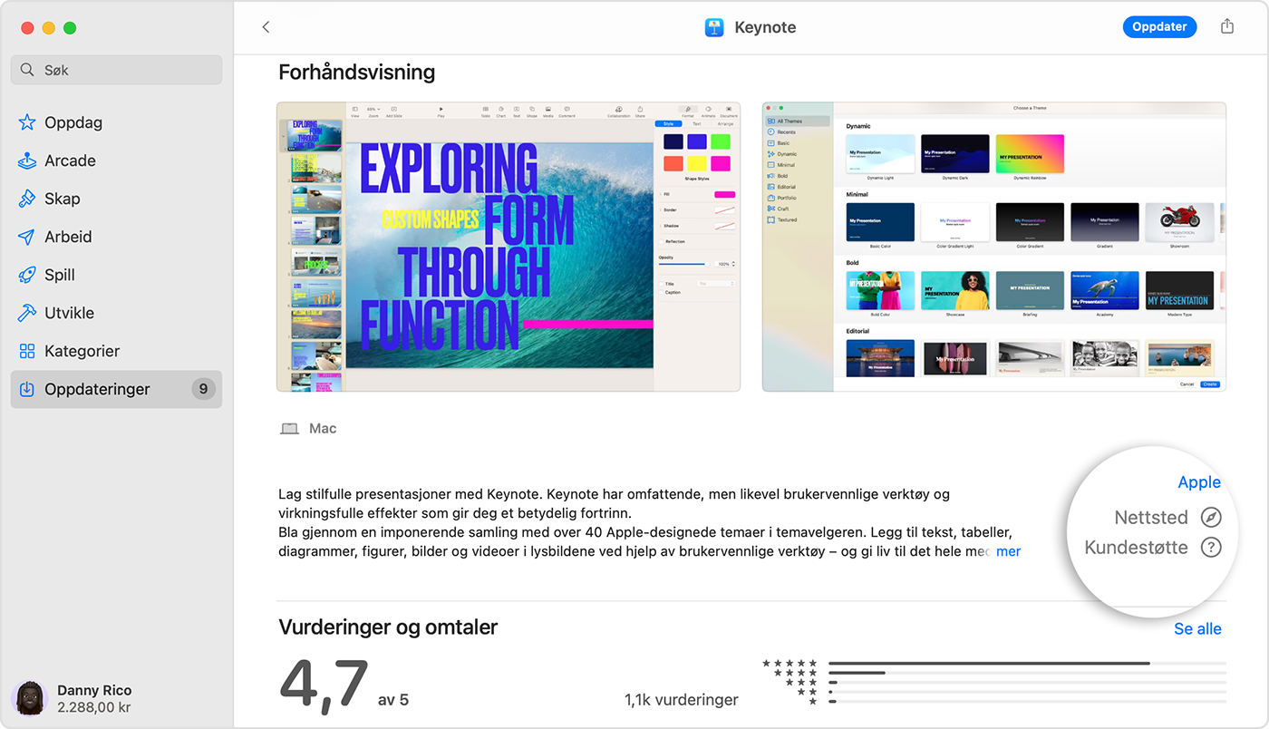 En Mac som viser App Store med Forhåndsvis-siden for Keynote åpen. Nede til høyre er knappene Websight og Kundestøtte fremhevet.