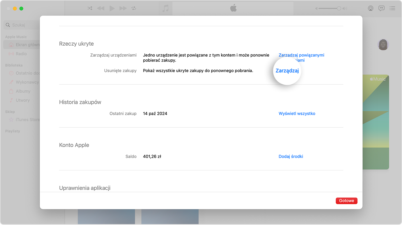 Ekran Ustawienia konta dla aplikacji Apple Music na Macu. Półka Rzeczy ukryte ma przycisk Zarządzaj po prawej stronie.