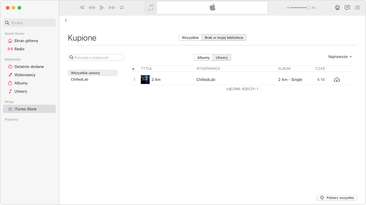 Aplikacja Apple Music na Macu. Na pasku bocznym jest wybrany sklep iTunes Store. Po prawej stronie znajduje się utwór z ikoną pobierania.