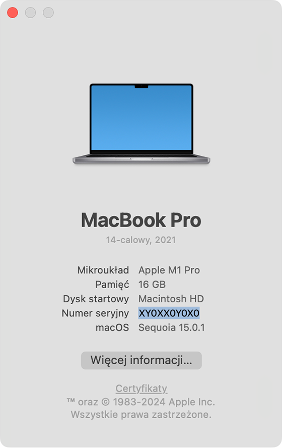 Okno Ten Mac z wyróżnionym numerem seryjnym