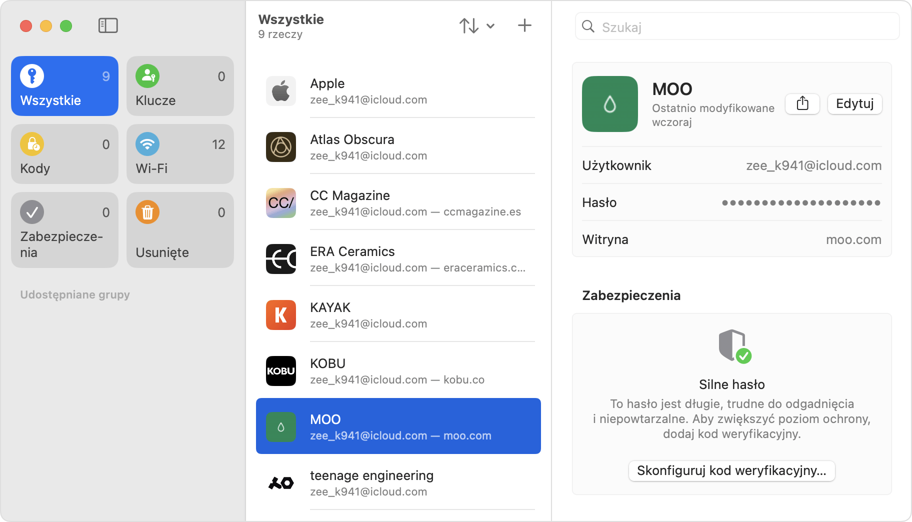 Znajdowanie zachowanych haseł i kluczy w aplikacji Hasła na Macu.