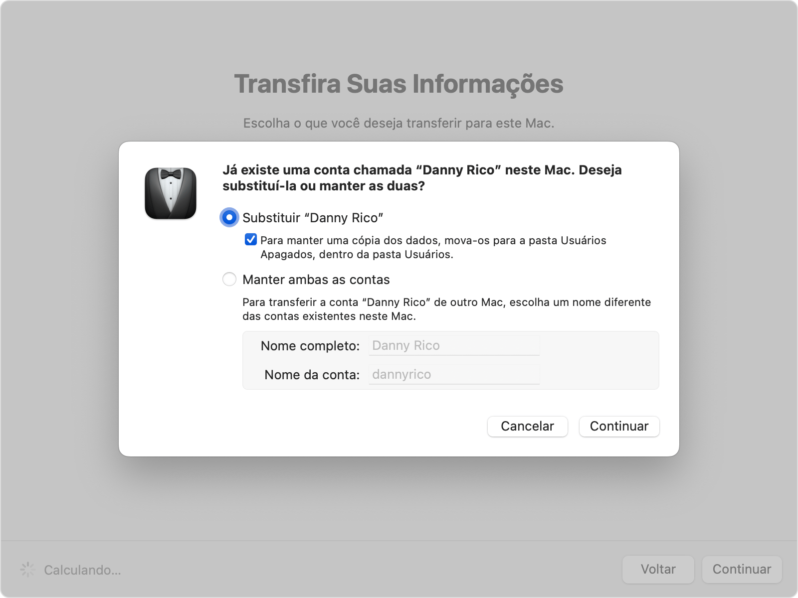 Assistente de Migração mostrando as opções de substituir ou manter para uma conta existente.