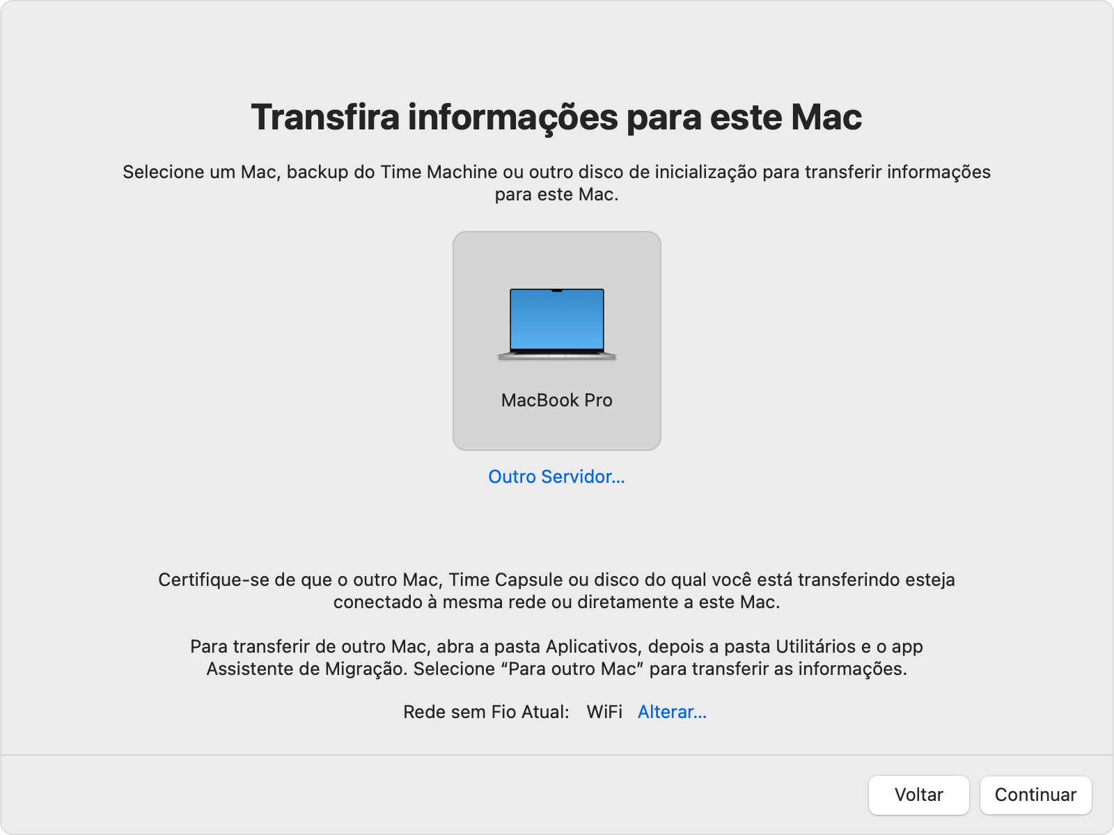 Assistente de Migração mostrando o ícone do Mac antigo selecionado.