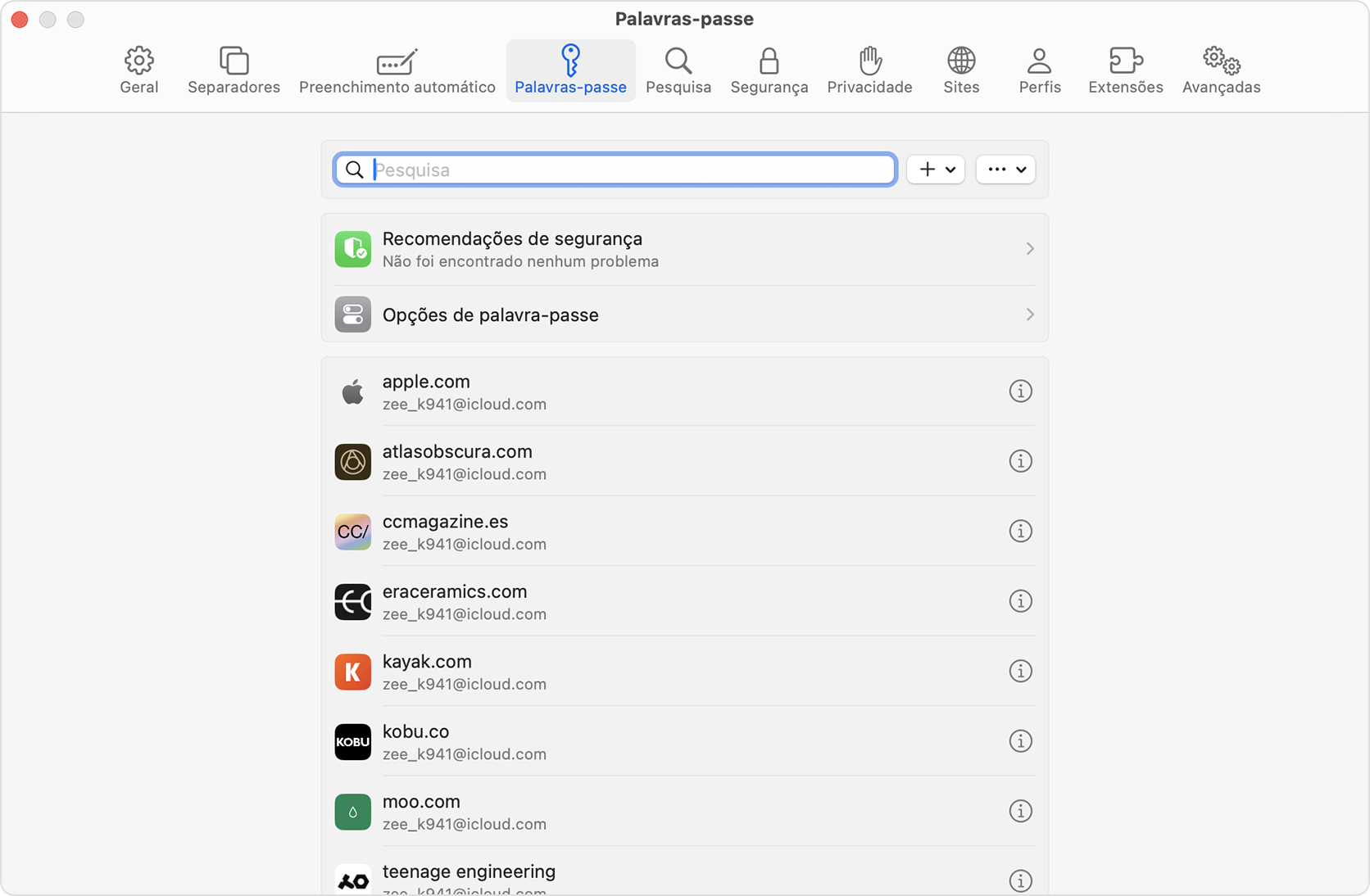 No Mac com o macOS Sonoma ou anterior, pode ver palavras-passe e chaves-passe guardadas nas Definições do Safari.