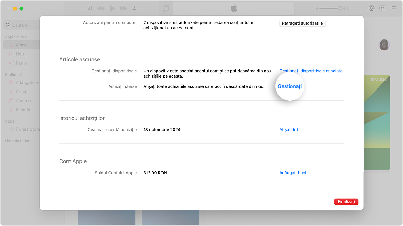 Ecranul Configurări cont pentru aplicația Apple Music pe Mac. Raftul Articole ascunse are un buton de gestionare în partea dreaptă.