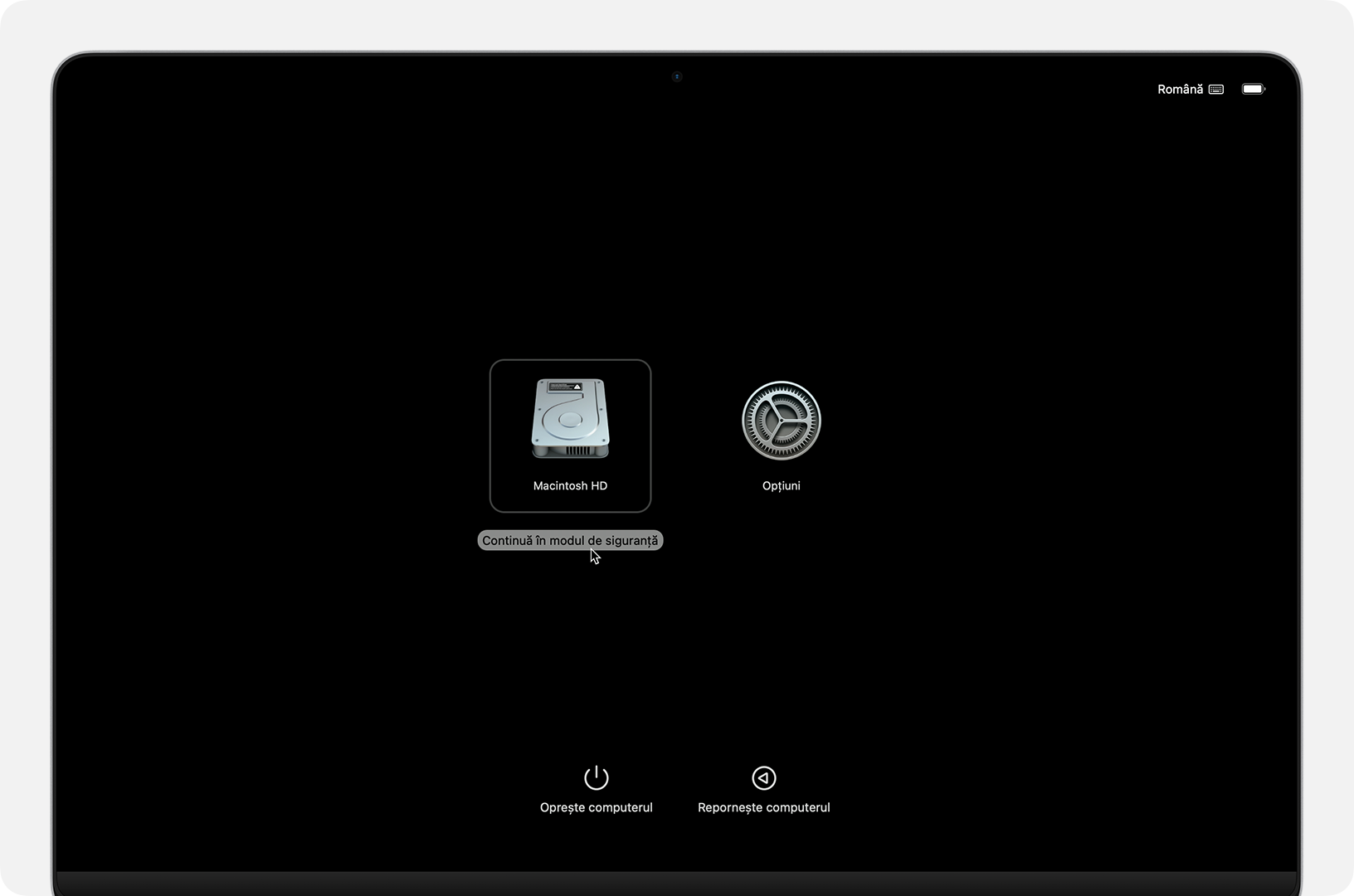 Ecranul de opțiuni de pornire cu butonul Continuă în modul de siguranță afișat sub Macintosh HD
