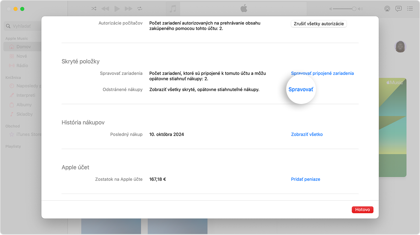 Obrazovka Nastavenia účtu pre Apple Music apku v Macu. Na pravej strane sekcie Skryté položky sa nachádza tlačidlo Spravovať.