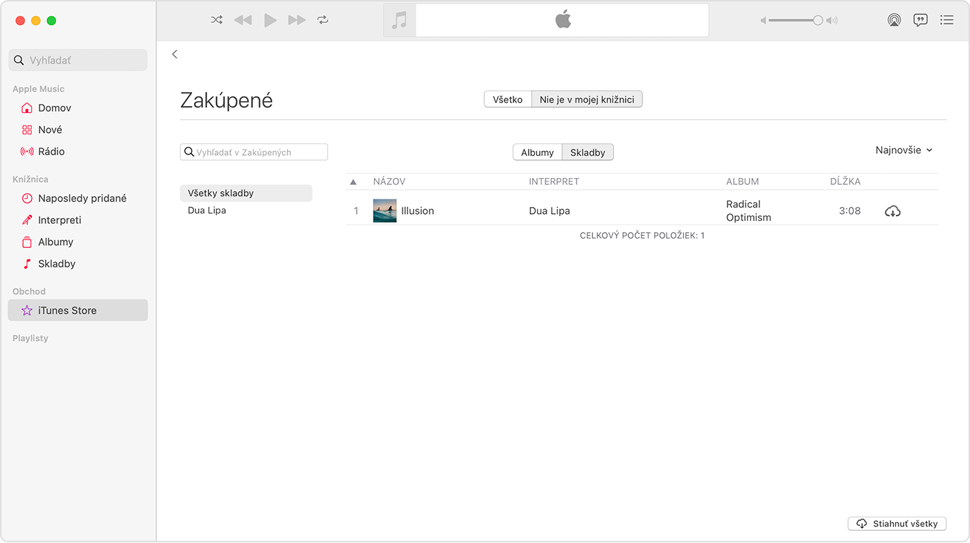 Apka Apple Music v Macu. Na postrannom paneli je zvolená možnosť iTunes Store. Na pravej strane je skladba s ikonou na stiahnutie.