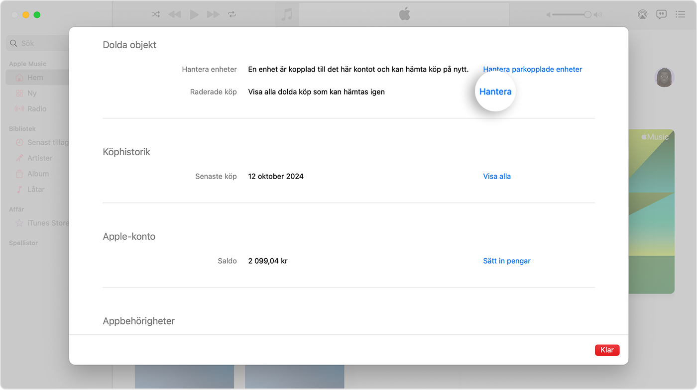 Skärmen Kontoinställningar för Apple Music-appen på Mac. Gömda objekt-hyllan har en Hantera-knapp till höger.