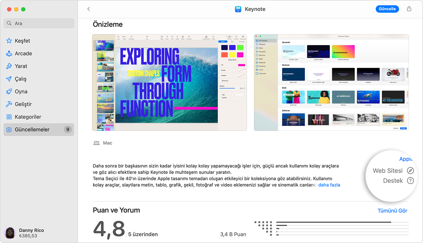 Mac bilgisayarlarda, App Store’da Keynote için Önizleme sayfası görüntülenir. Sağ alt kısımda Websight ve Destek düğmeleri vurgulanır.