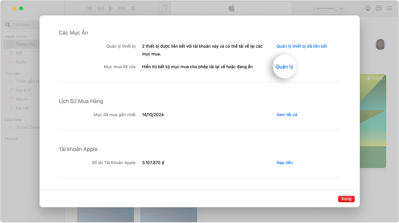 Màn hình Cài đặt tài khoản cho ứng dụng Apple Music trên máy Mac. Kệ Mục ẩn có nút Quản lý ở bên phải.