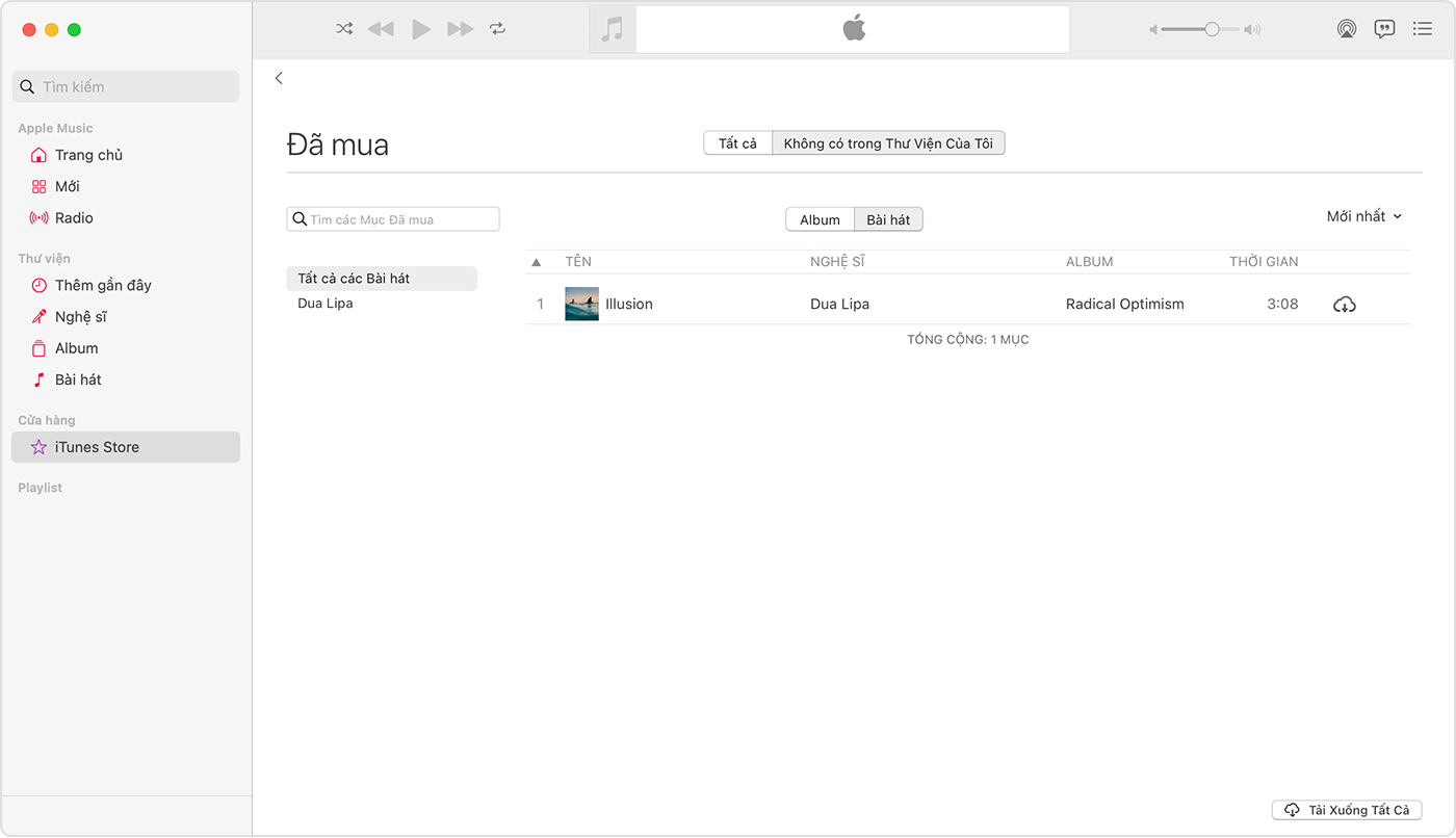 Ứng dụng Apple Music trên máy Mac. iTunes Store được chọn trong thanh bên. Bên phải có một bài hát có biểu tượng tải về.