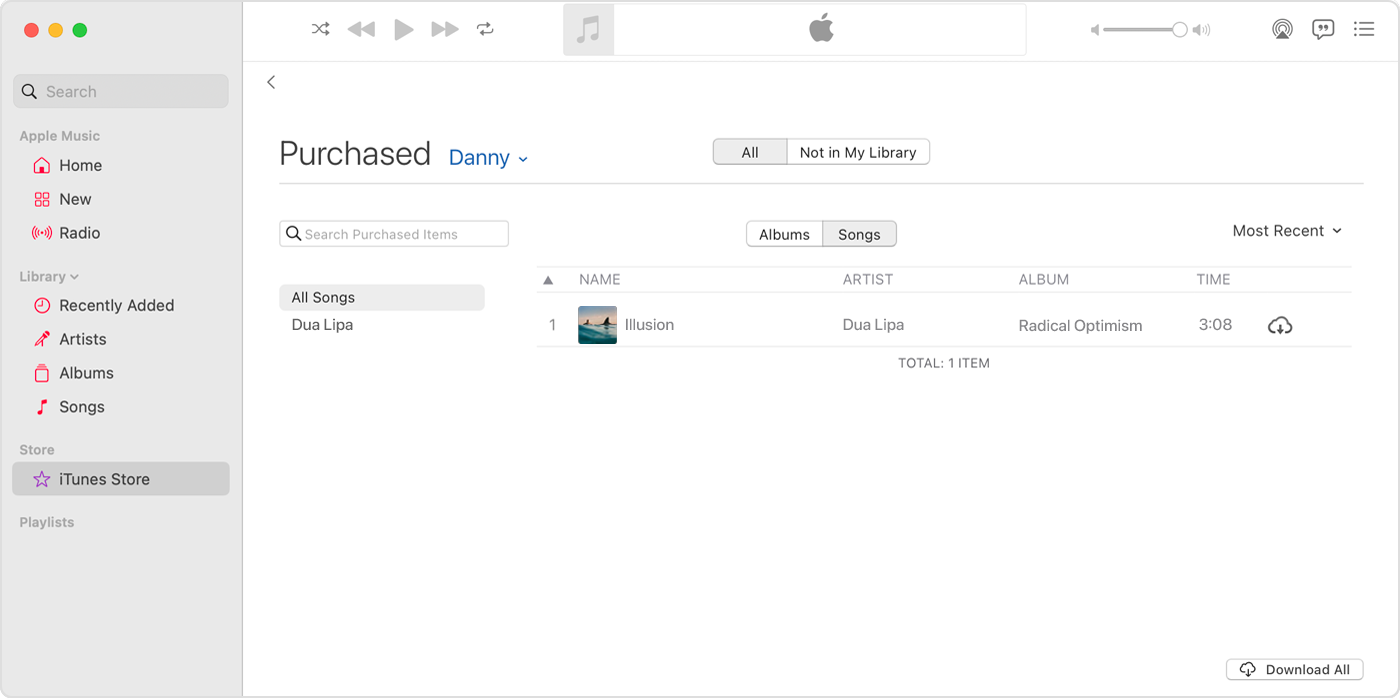 The Apple Music app on Mac. The iTunes Store is selected in the sidebar. The right side has a song with a download icon.