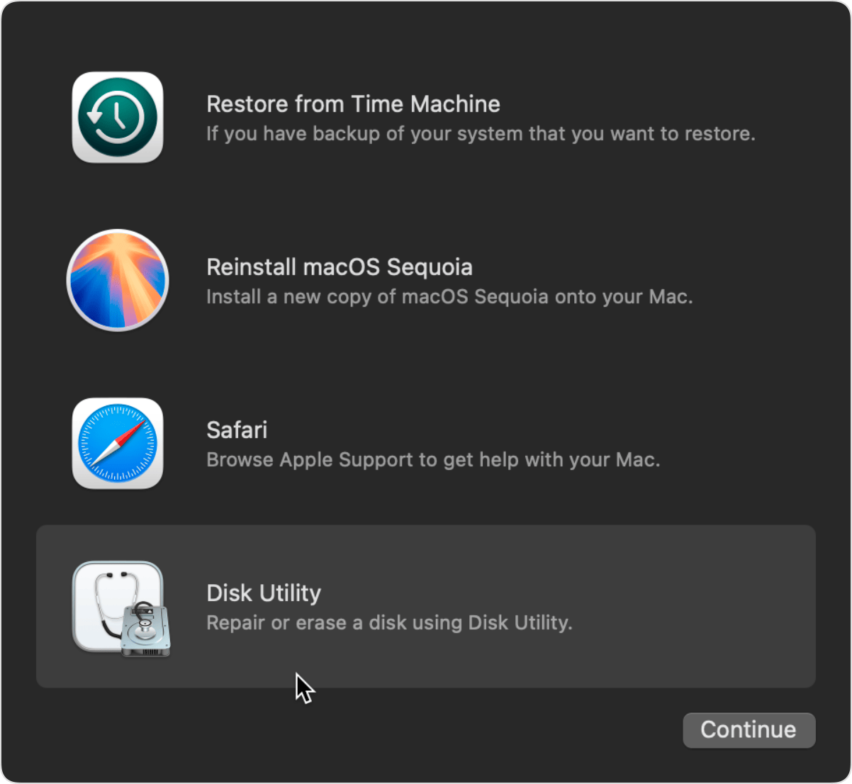 Utilities window in macOS Recovery.