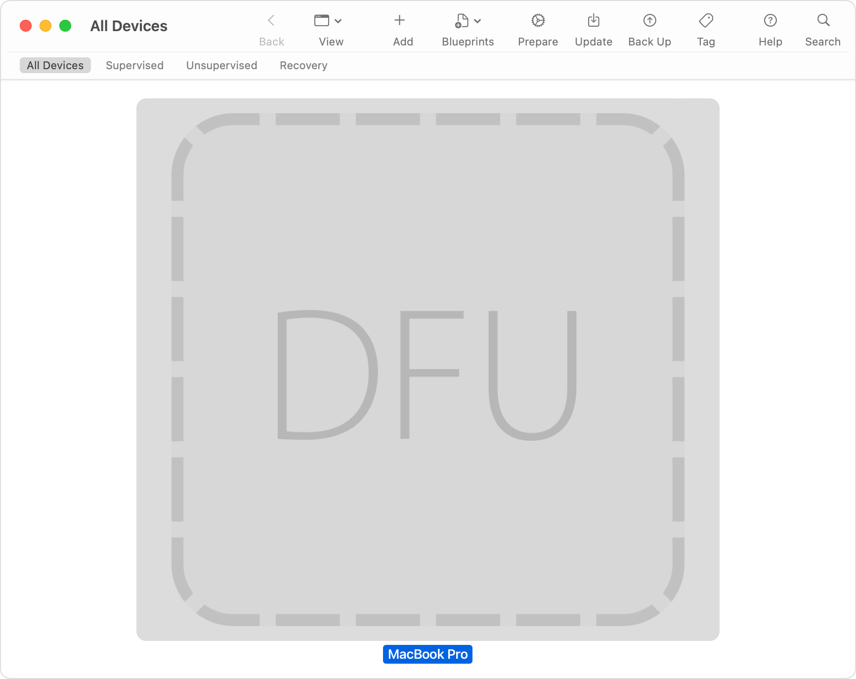 Apple Configurator window showing "DFU" selected for the affected Mac