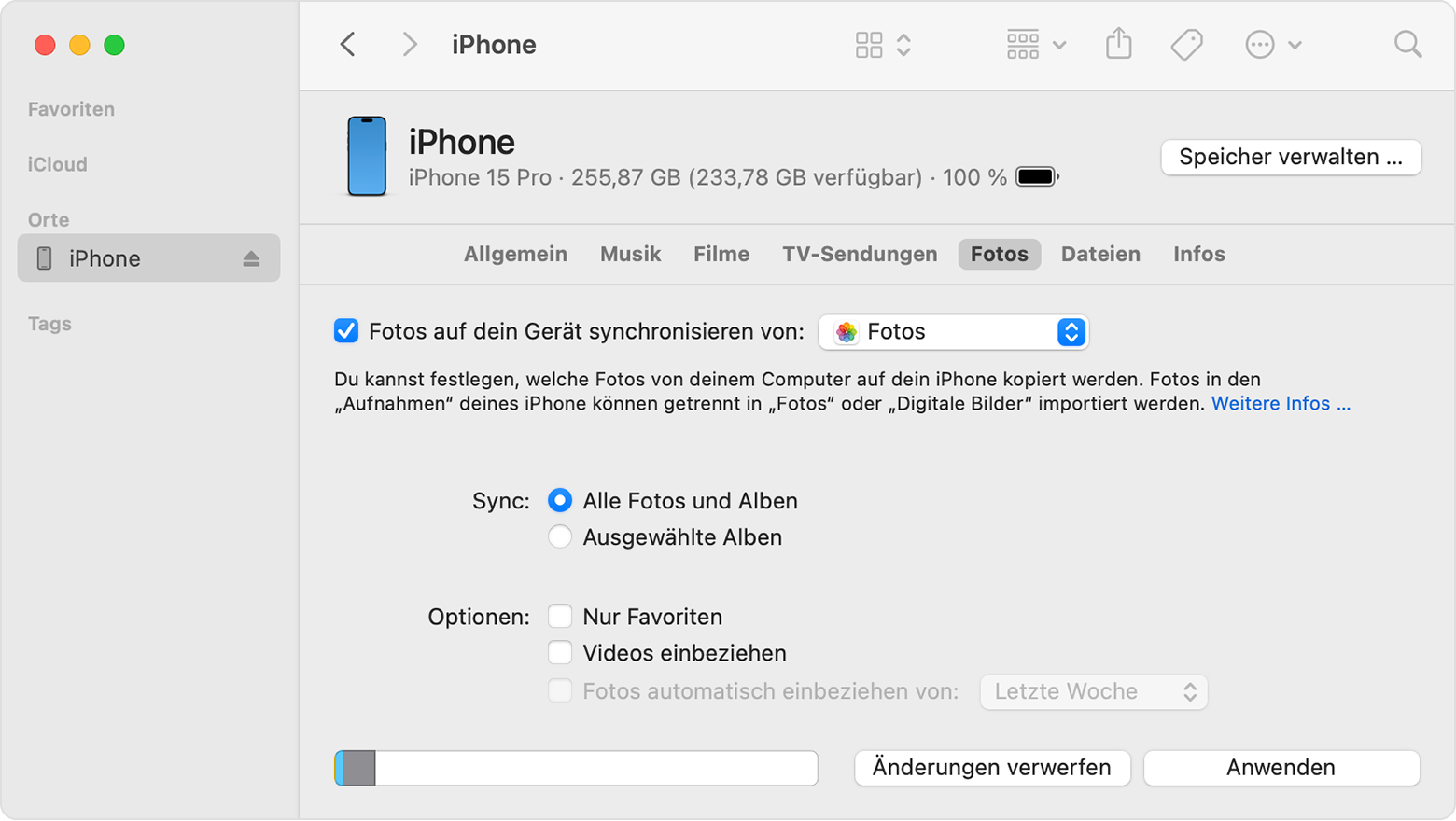 Ein iPhone, das die Option zum Synchronisieren von Fotos mit deinem Gerät mit der Fotos-App anzeigt